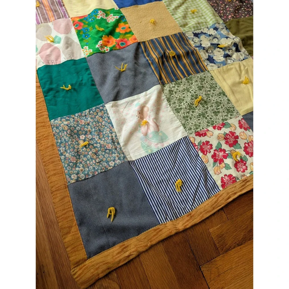 Vintage Handmade Tied Patchwork Quilt Multi Color Floral Stripe Cotton 60x74